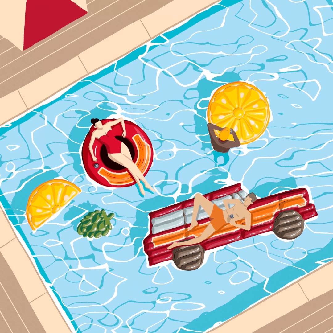An illustrated woody car floats in a pool beside a citrus slice.