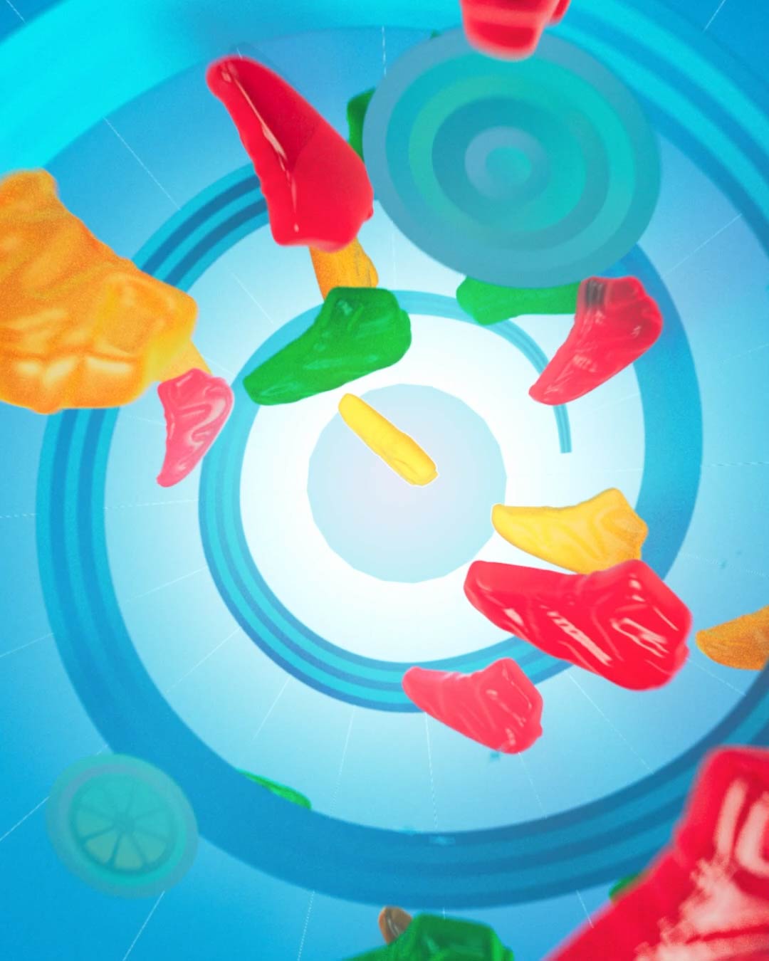 Shaqalicious gummies float through a bright blue graphic tunnel.