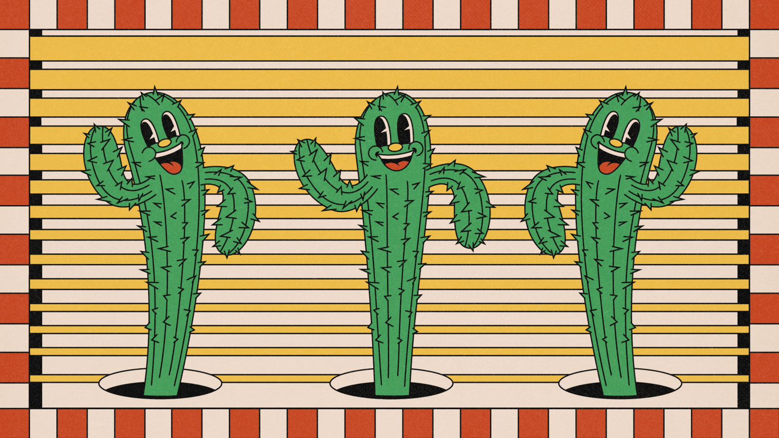 Three smiling cacti stand before horizontal stripes.