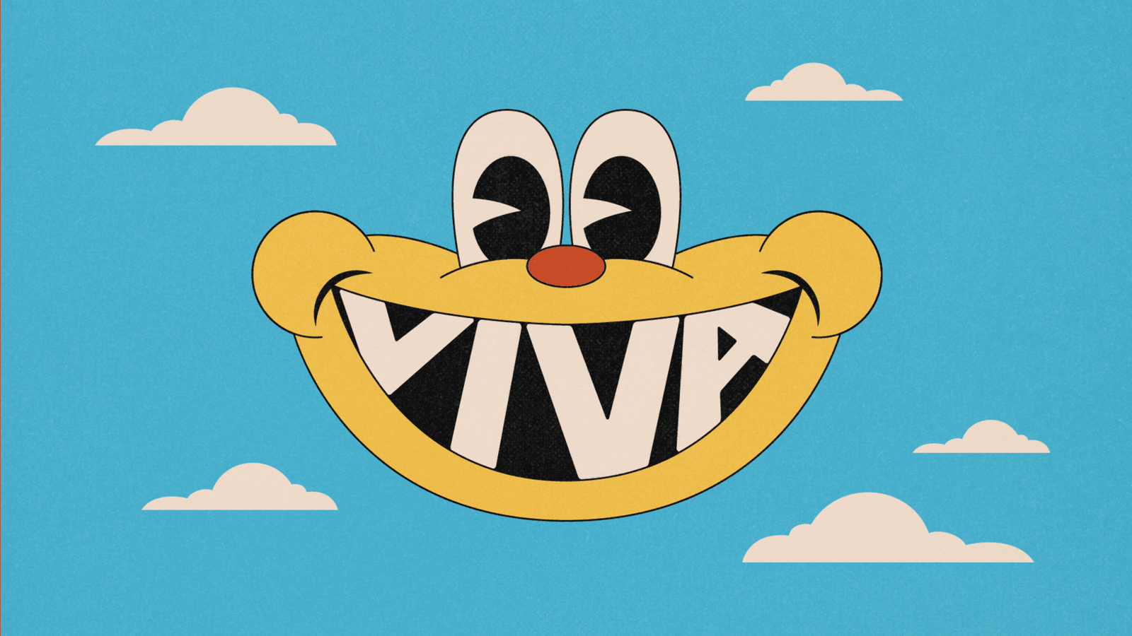 A smiling cartoon mouth floats against a blue sky.