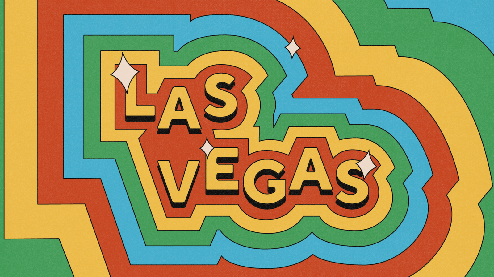 Las Vegas lettering sits inside layered rainbow shapes.