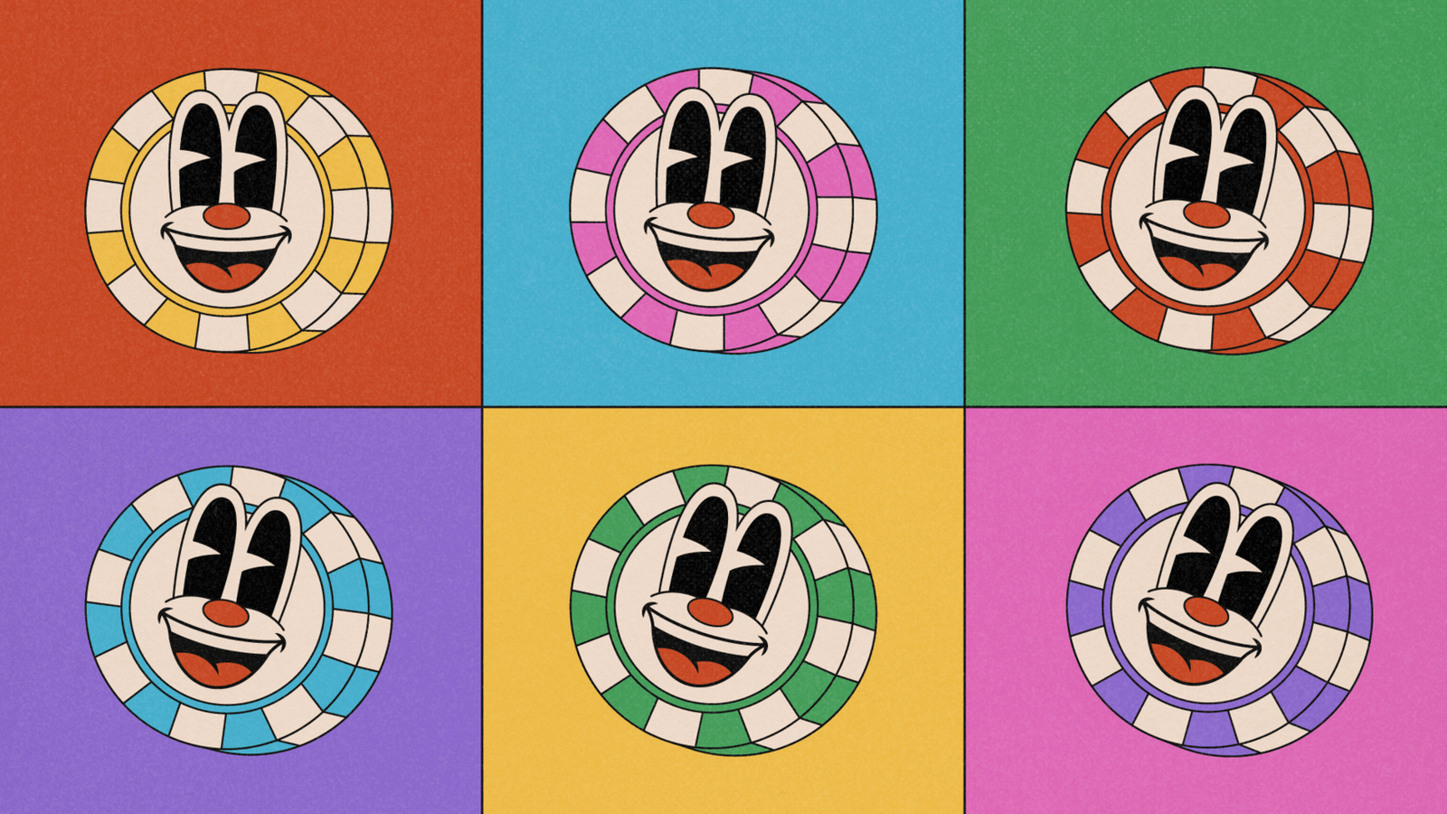Six colorful panels show smiling cartoon characters.