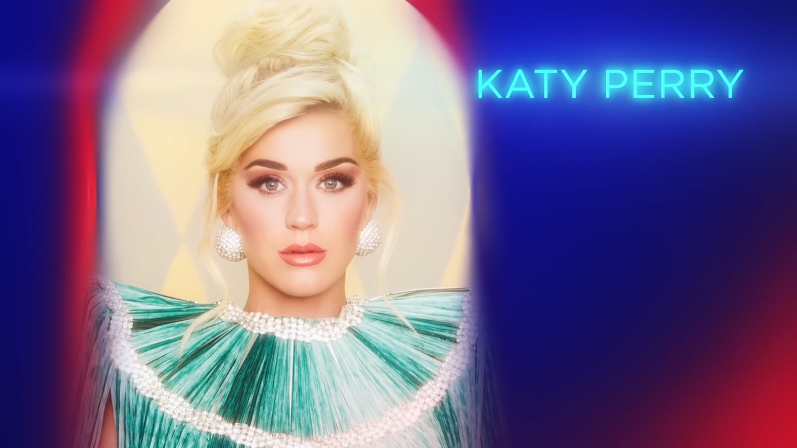 A portrait of Katy Perry within the colorful 2021 GLAAD graphics.