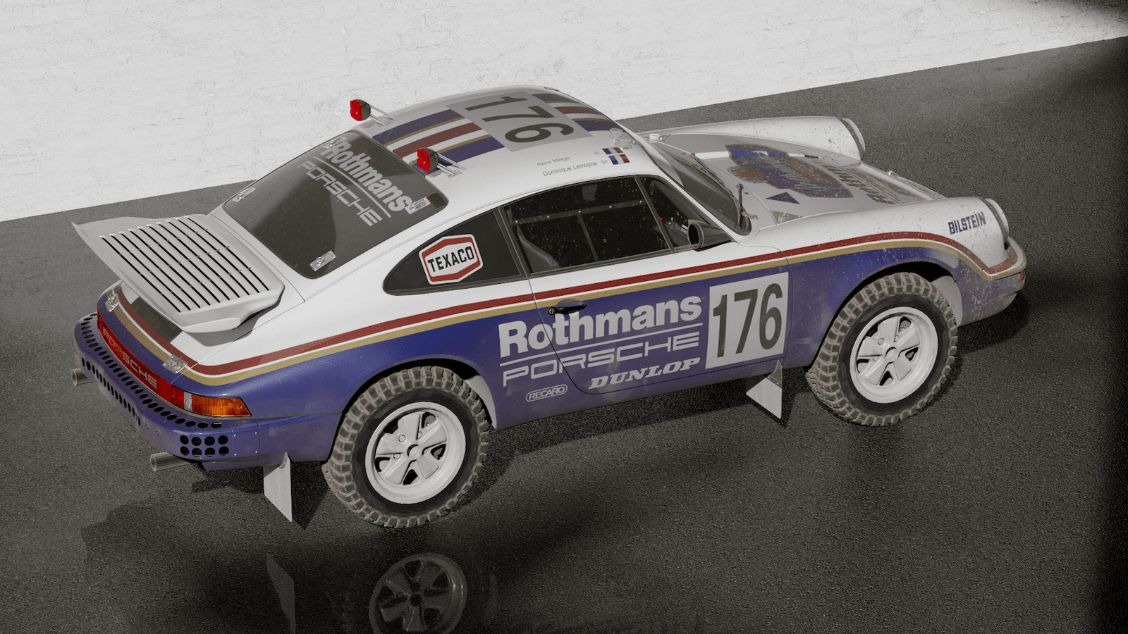 A rear three-quarter CG view of a classic Porsche rally car.