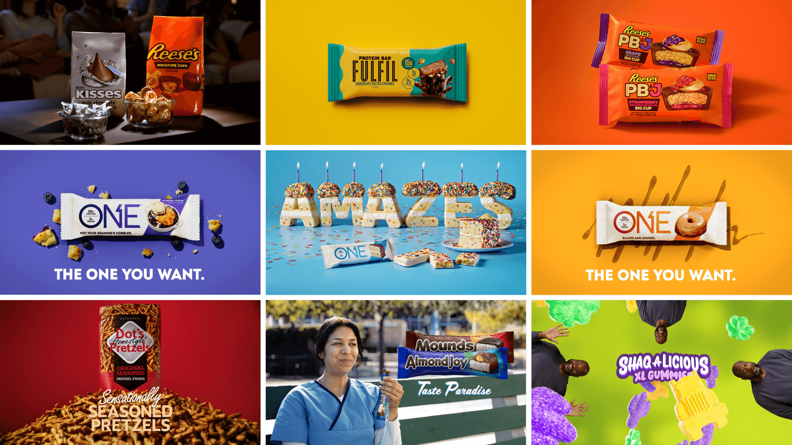 Nine-panel montage of Warm & Fuzzy work for Hershey’s brands.