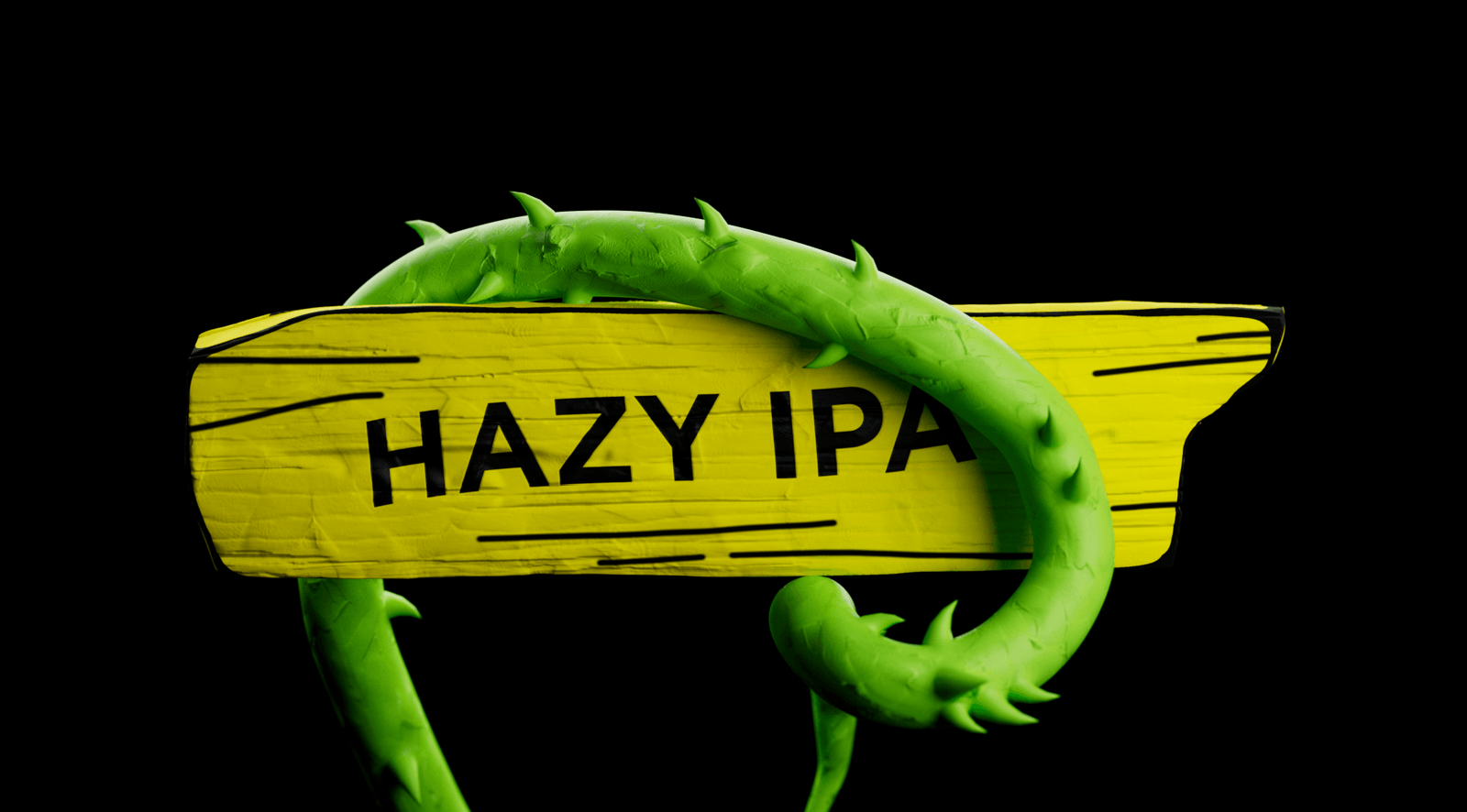 A thorn-covered green vine curls around a yellow Hazy IPA sign.