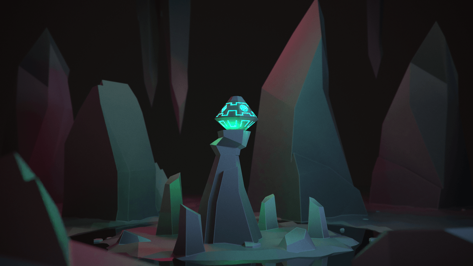 A glowing turquoise artifact sits on a pedestal inside a dark geometric cave.