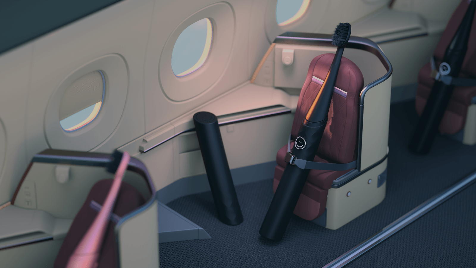 Burst Curve toothbrushes and travel cases sit beside airplane windows.