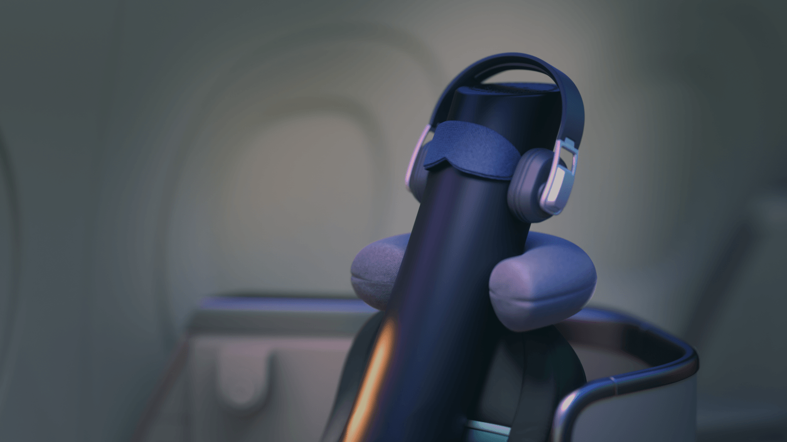 A dark Burst Curve toothbrush wears headphones in a miniature airplane seat.