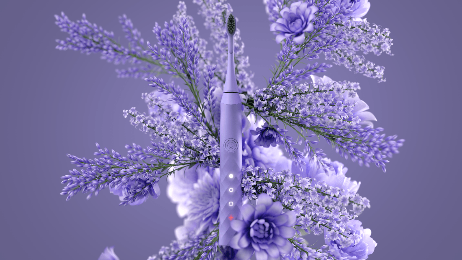 A lavender Burst toothbrush emerges from an arrangement of blooming flowers.