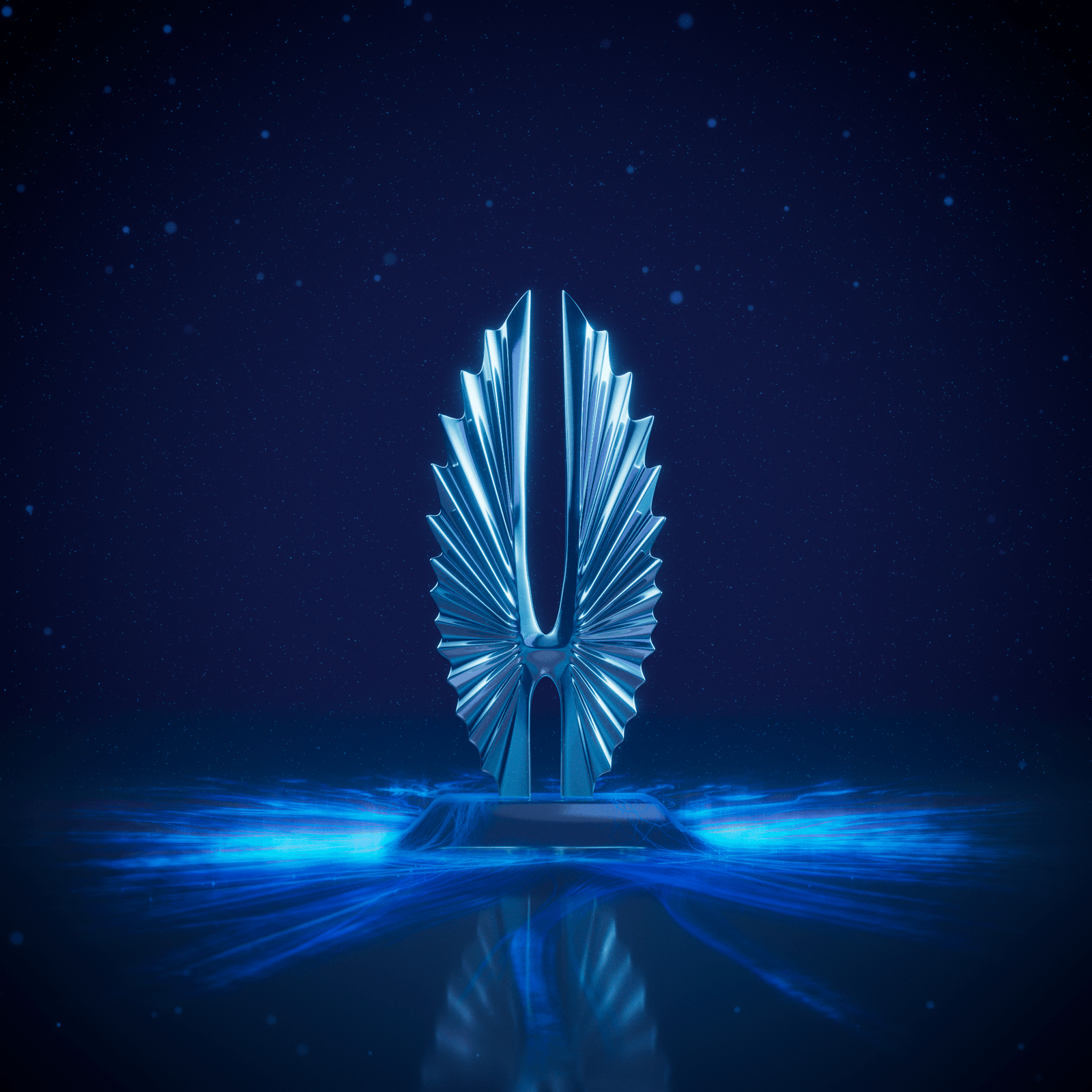 A blue CG GLAAD statuette stands above a luminous rippling surface.