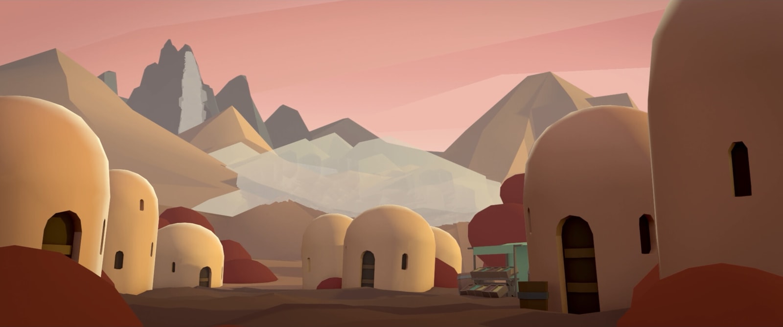 A stylized desert village beneath angular mountains and a pink sky.
