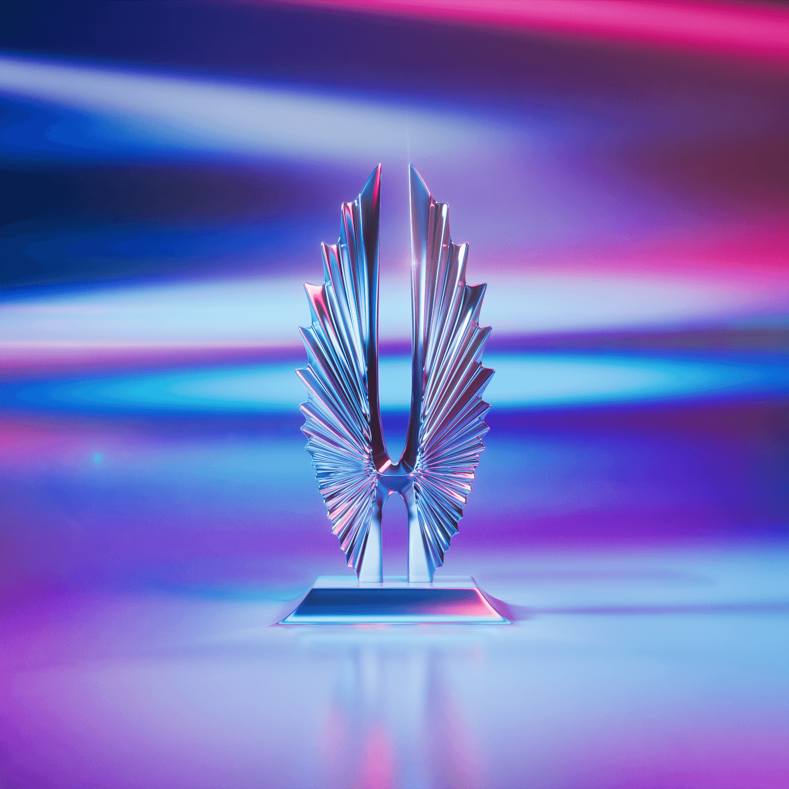 A chrome GLAAD statuette against soft bands of pink, purple, and blue.