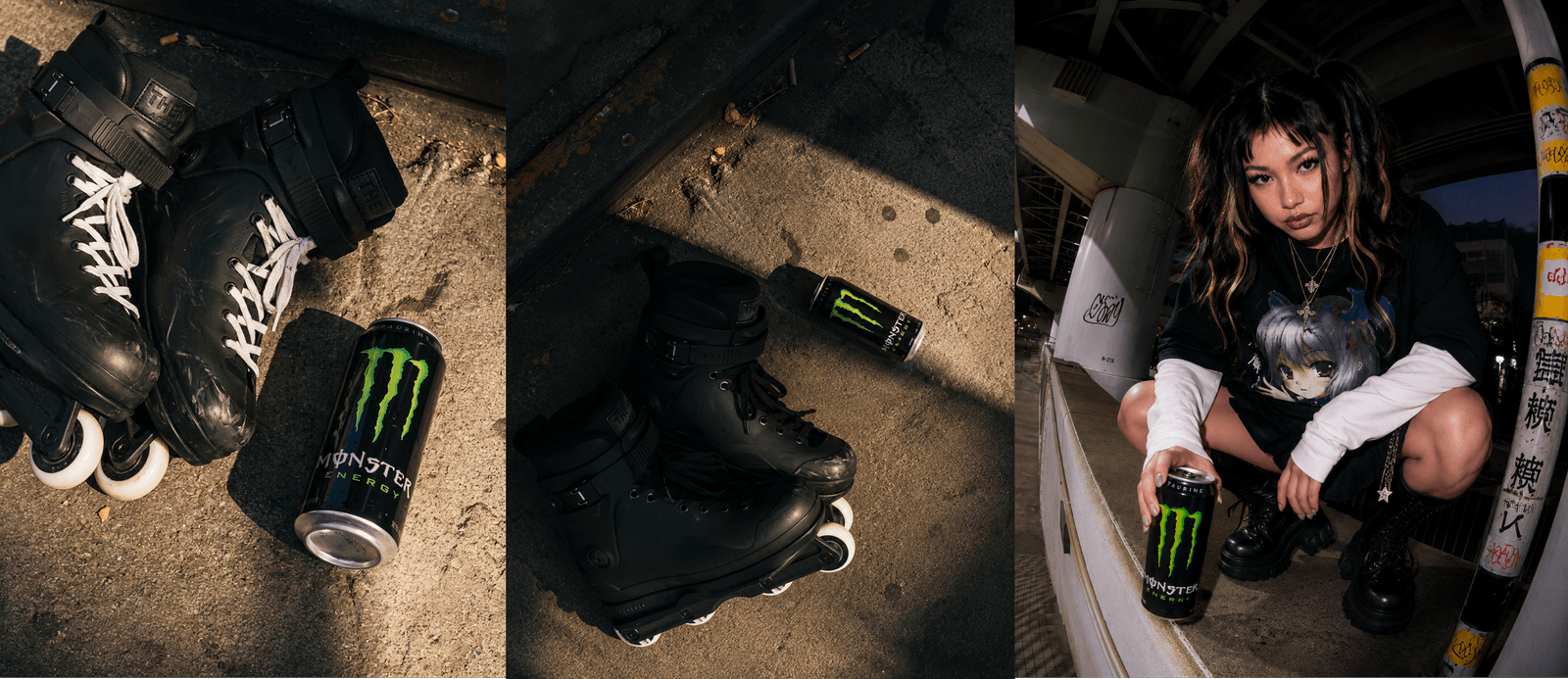 Monster Energy concept triptych with black boots, a can on concrete, and a woman holding a can.