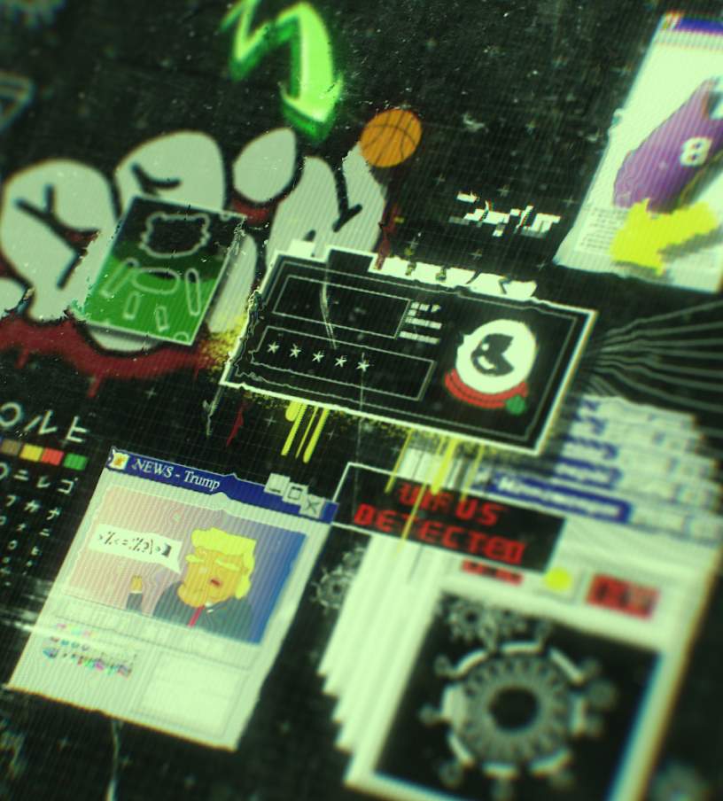 Bright illustrated graphics fill a computer screen.