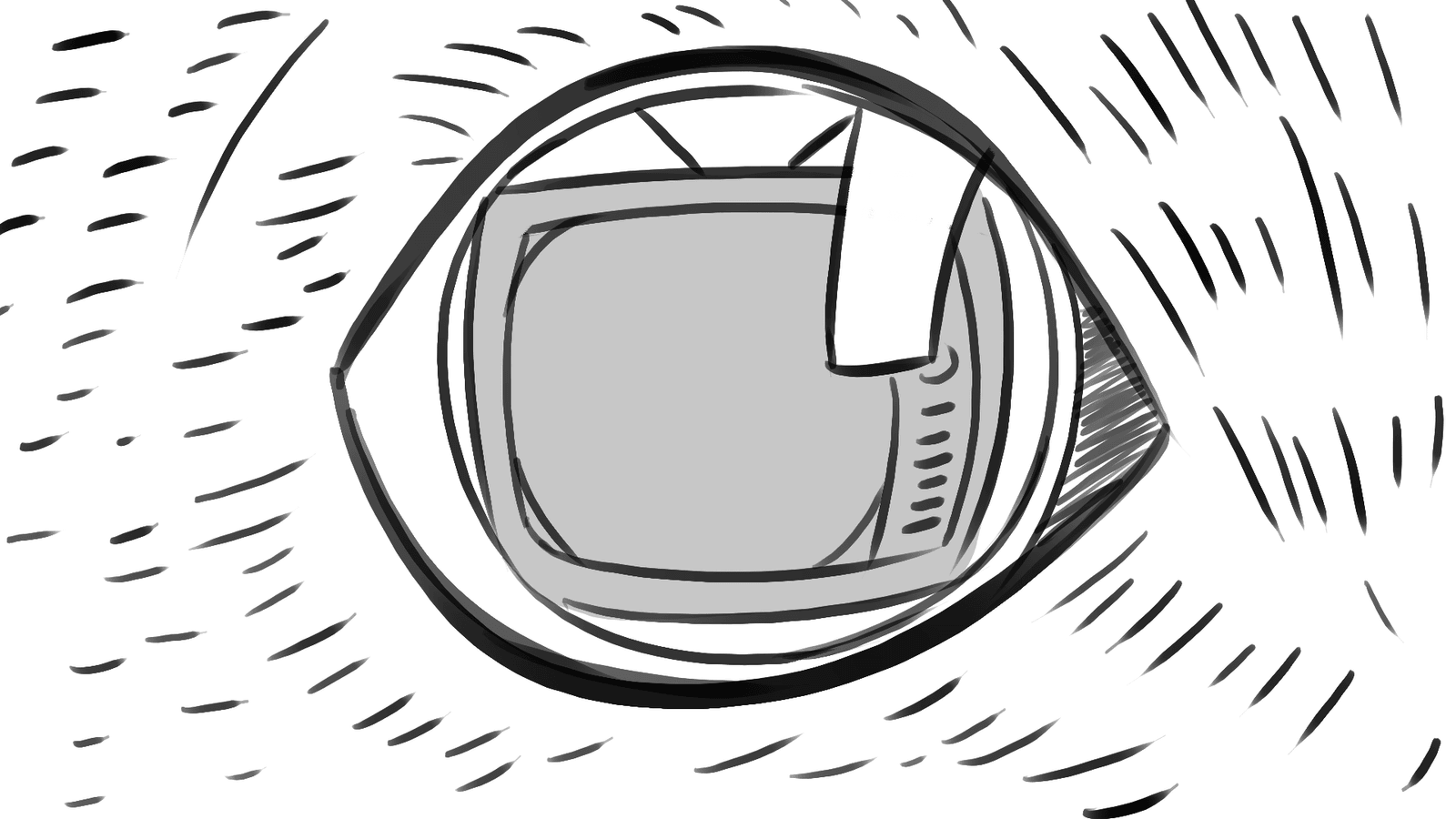 A hand-drawn television surrounded by motion lines.