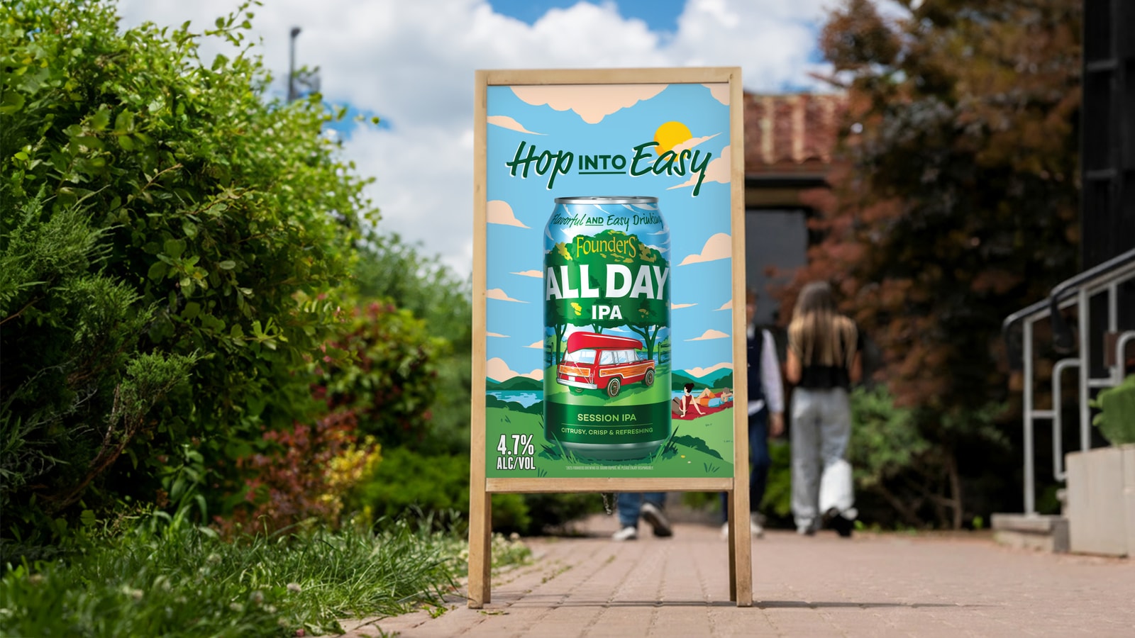 An All Day IPA street-poster mockup shows a can beside a lake.