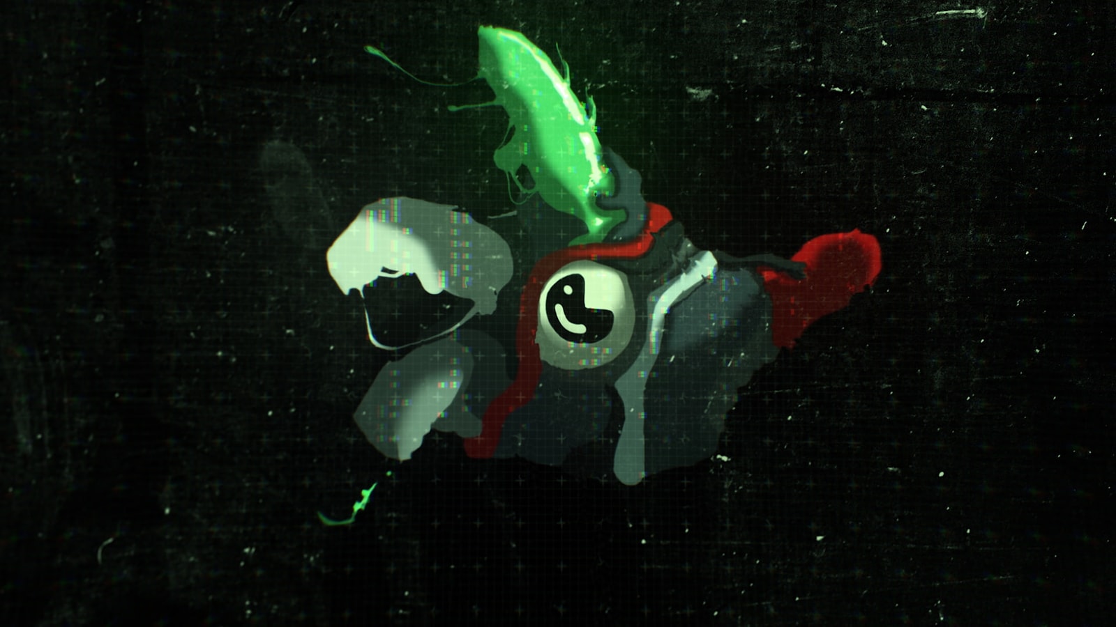 A colorful animated character in a dark digital space.