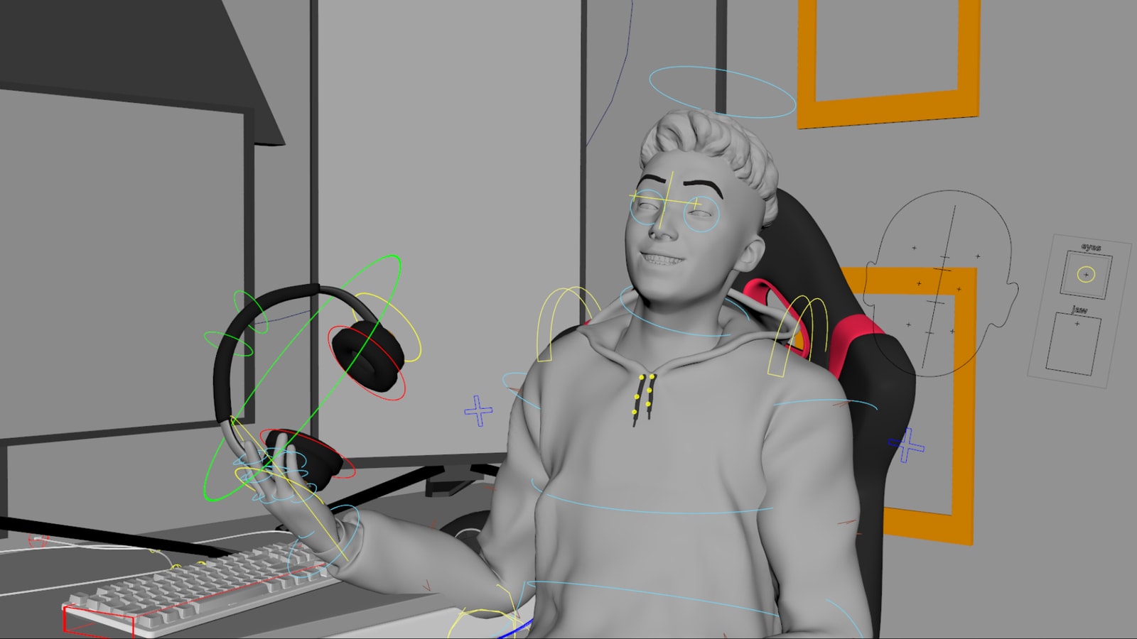 Untextured CG model of a gamer at his desk.