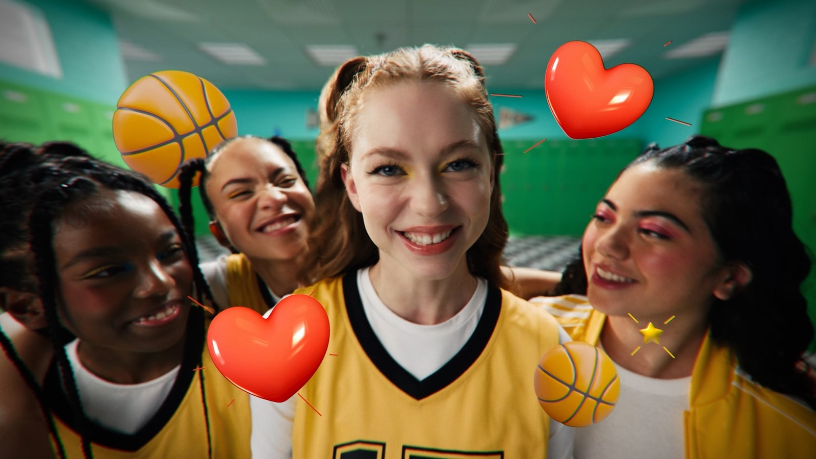Basketball teammates pose with animated hearts and basketballs.