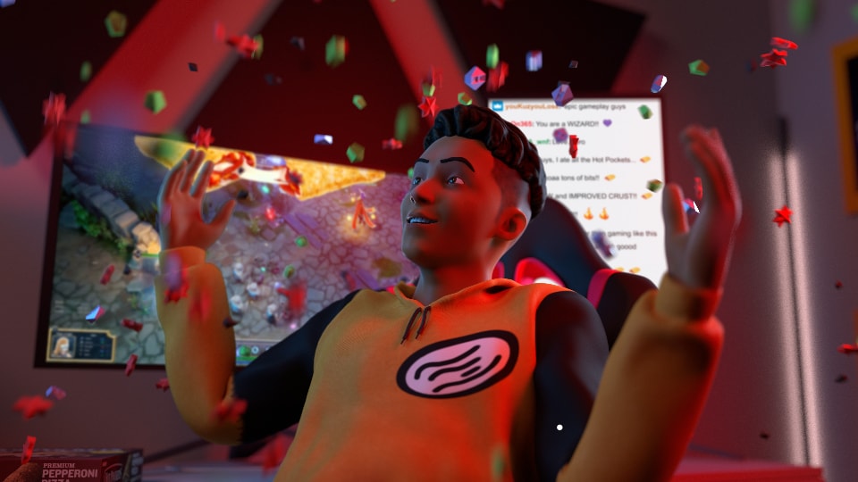 A CG gamer reacts as colorful objects fly around him.