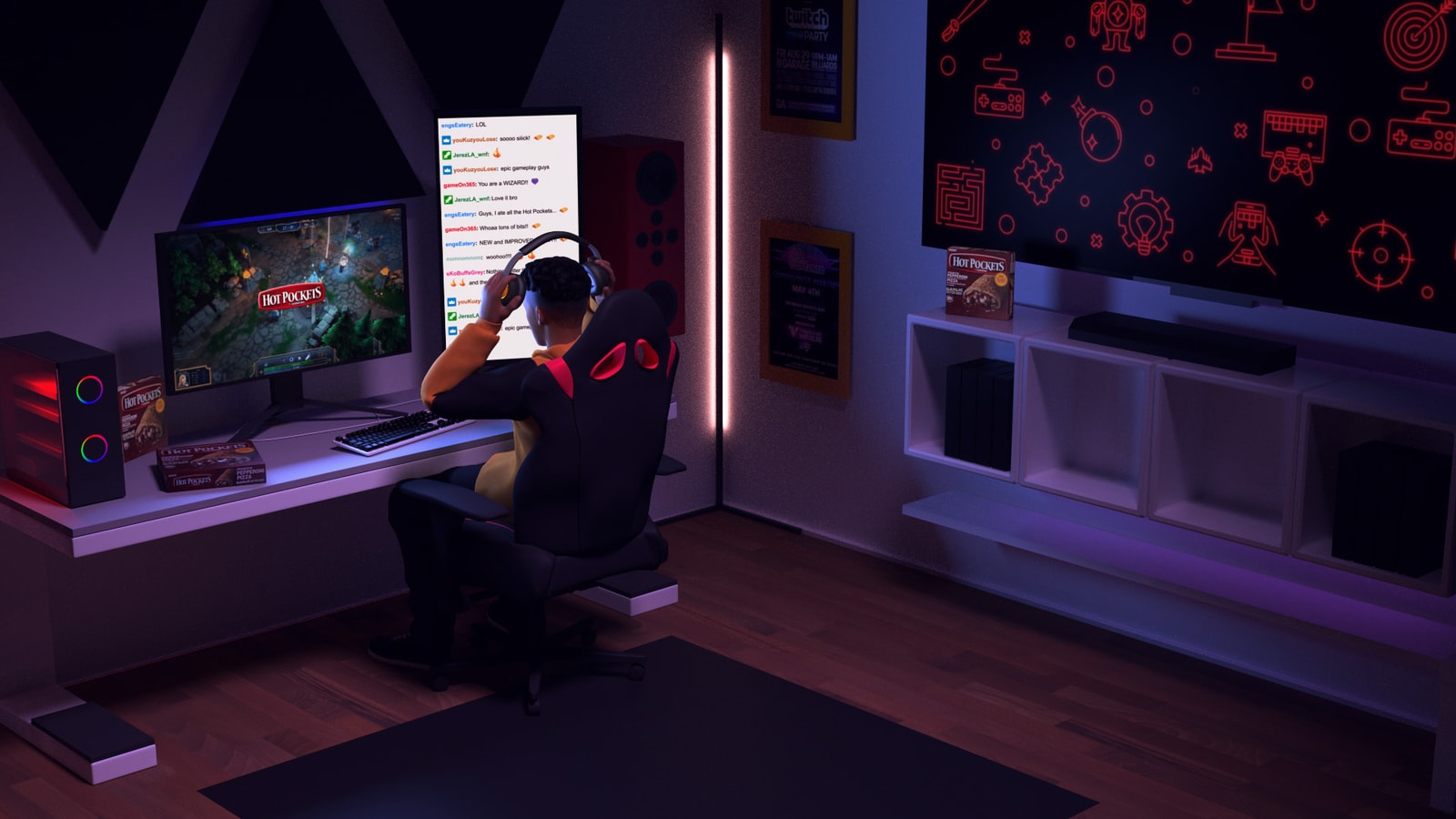 A CG gamer sits at a desk in a purple-lit bedroom.