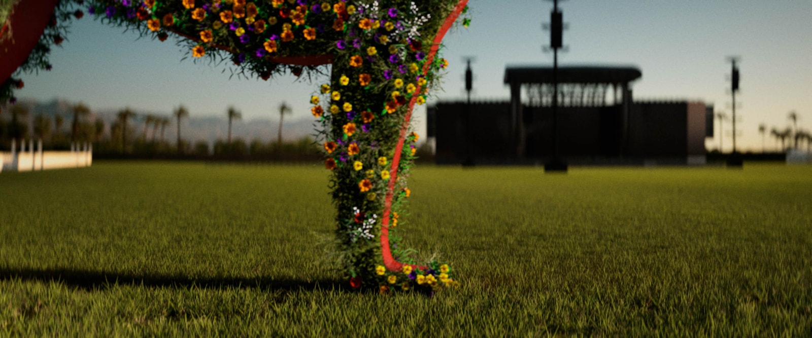 A colorful flower-covered sculpture on the Coachella grounds in the finished shot.
