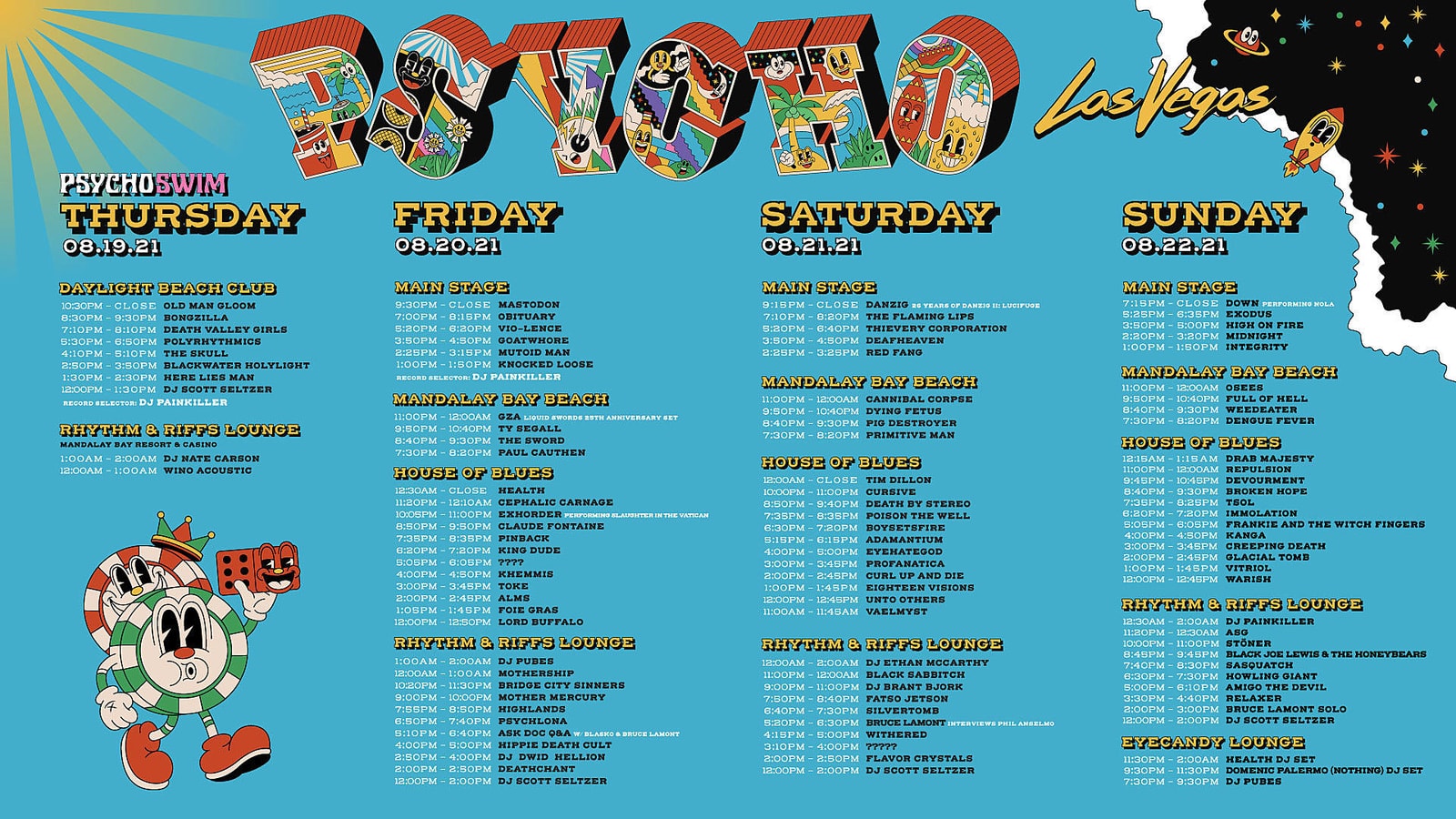 Psycho Las Vegas festival schedule surrounded by colorful illustrated characters.