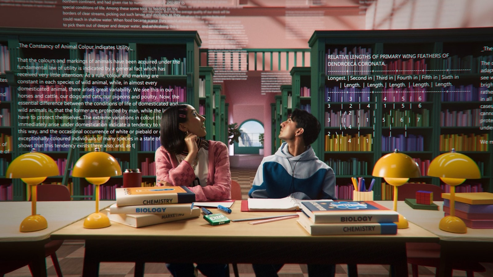 Students work at a library table surrounded by animated text.