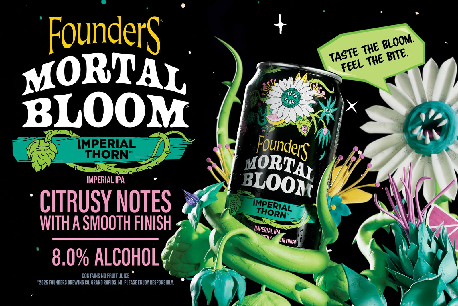 A Mortal Bloom Imperial IPA cooler-cling design with a can and carnivorous flowers.