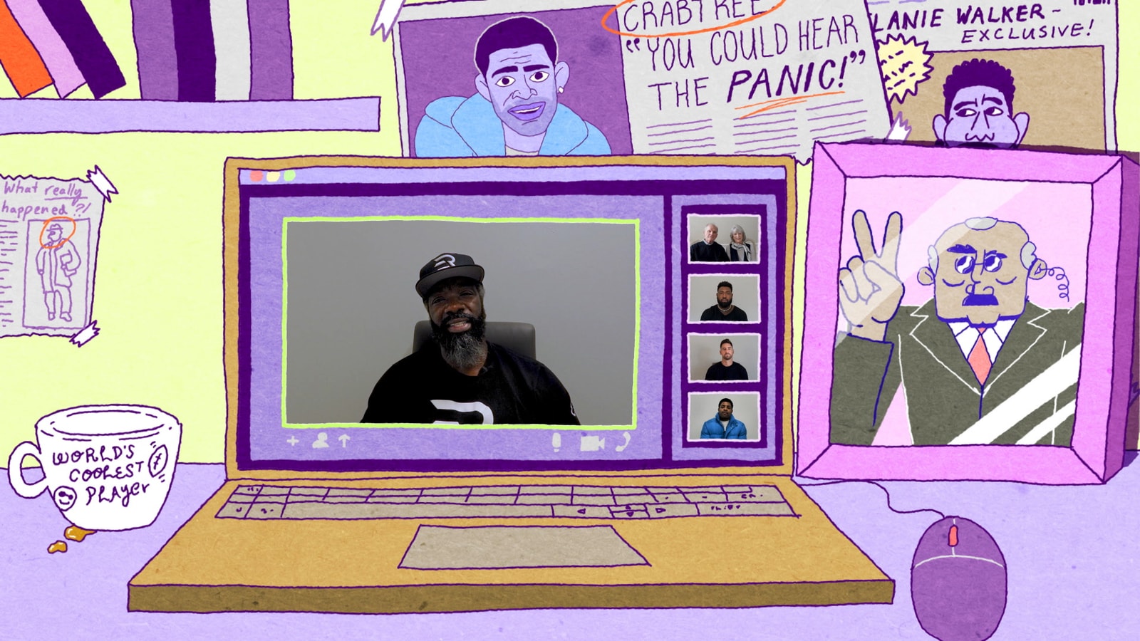 An illustrated laptop displays an interview surrounded by sports headlines.